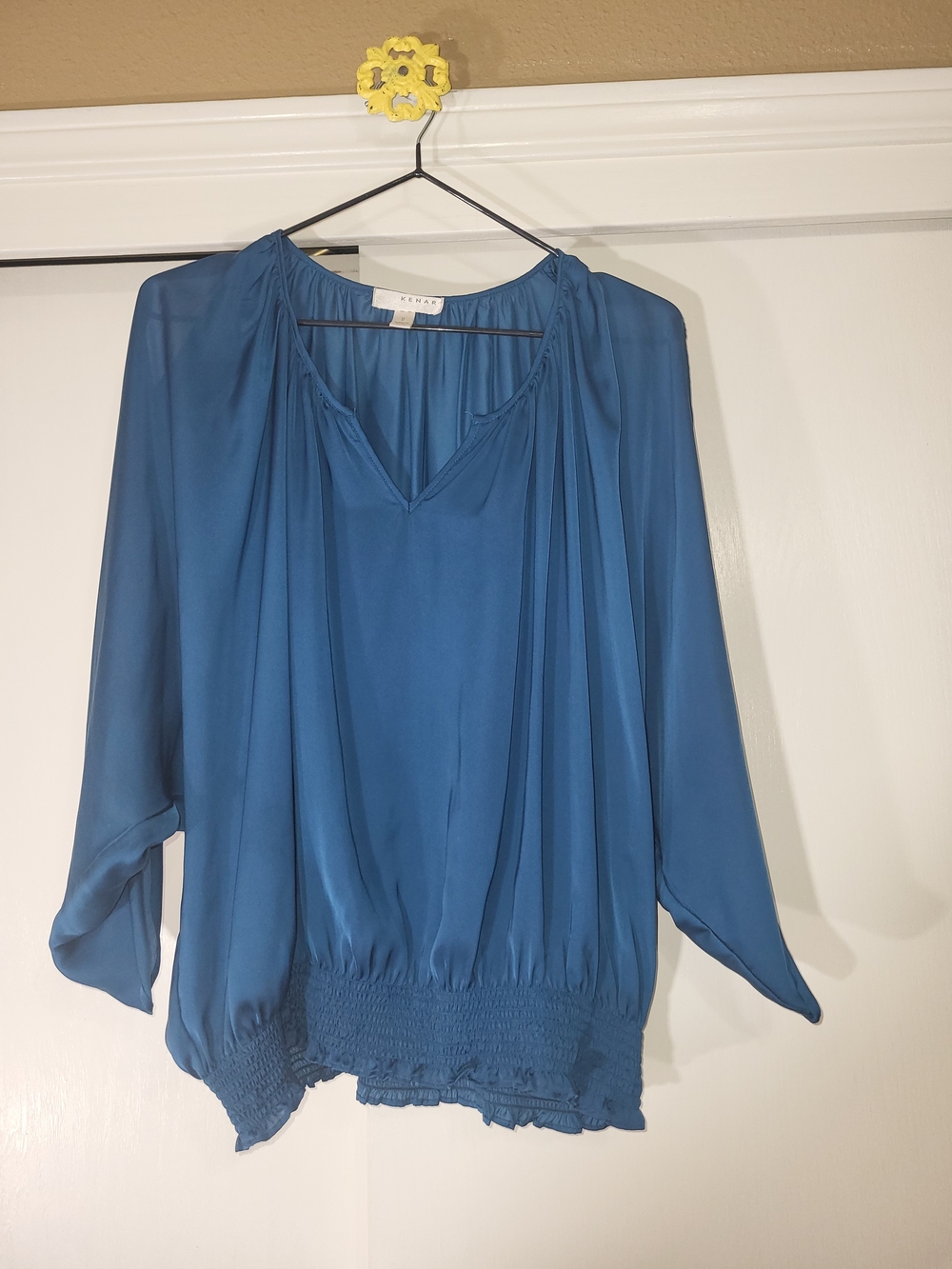 EUC Kenar Teal Blue Cold Shoulder Peasant Blouse - Flowing 3/4 Sleeve Top Sz Sm